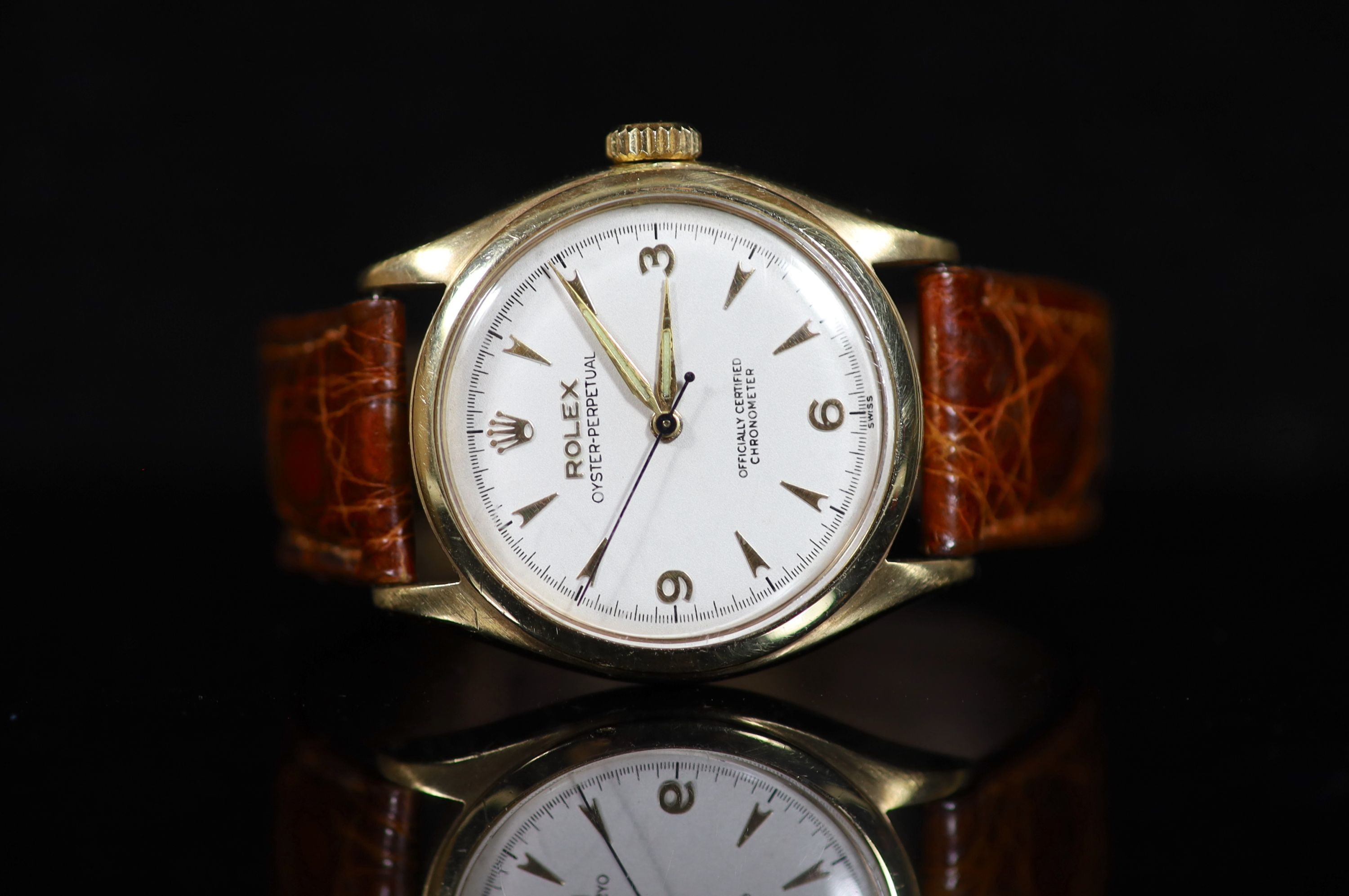 A gentleman's early 1950's 9ct gold Rolex Oyster Perpetual bubbleback wrist watch, on a leather - Image 2 of 4