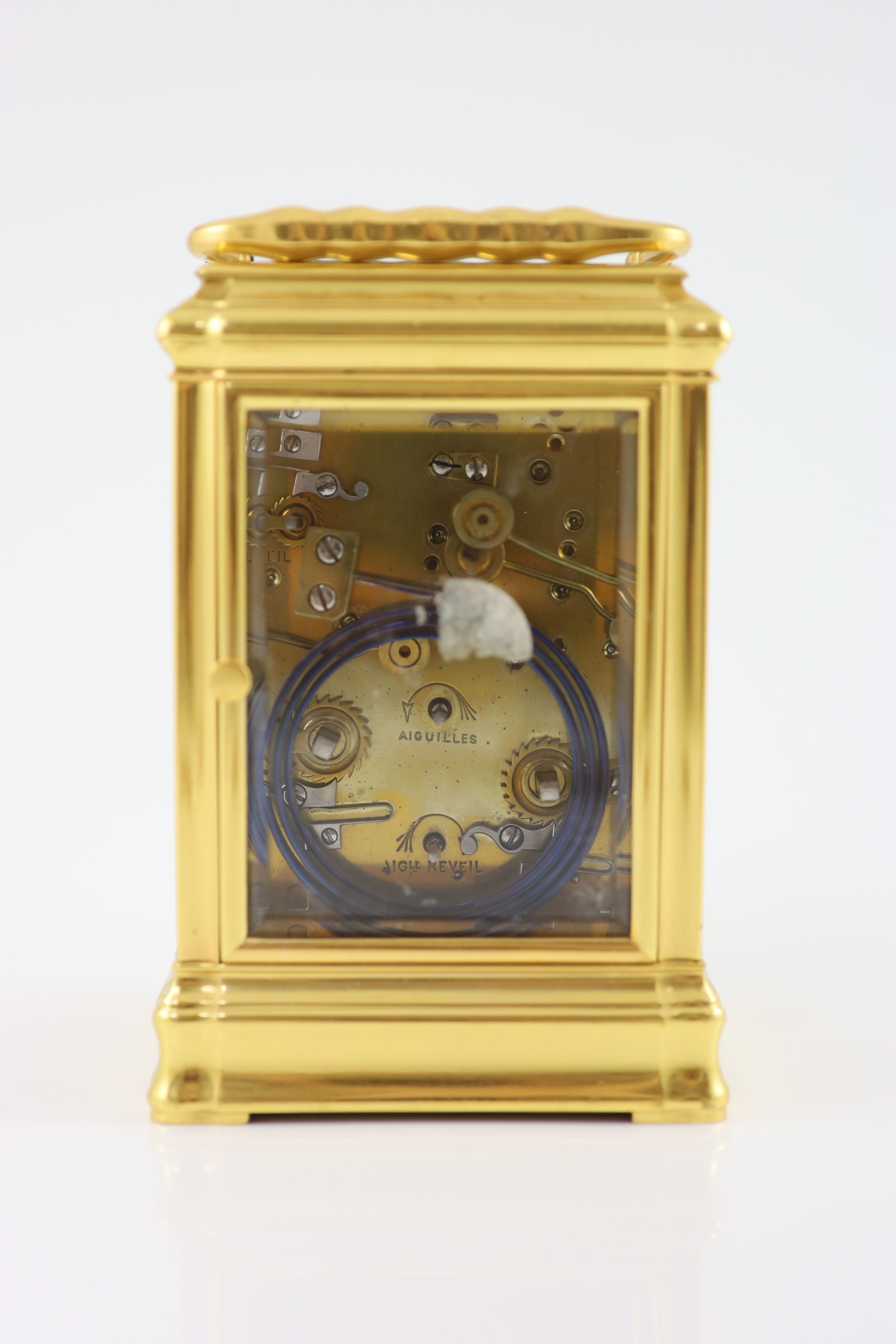 An early 20th century French quarter repeating Grand Sonnerie carriage alarum clockwith gorge case - Image 4 of 6