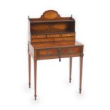 A George III Sheraton style mahogany and harewood bonheur du jour,the raised upper section with two