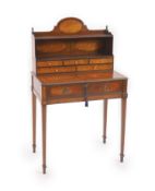 A George III Sheraton style mahogany and harewood bonheur du jour,the raised upper section with two