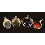 Four assorted gold and chalcedony set swivelling fob seals, three hallmarked for late 19th and