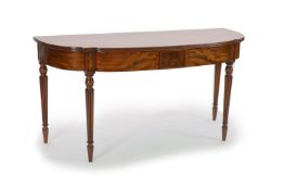 A Regency inlaid mahogany serving table,with reeded D shaped top and two frieze drawers, on turned