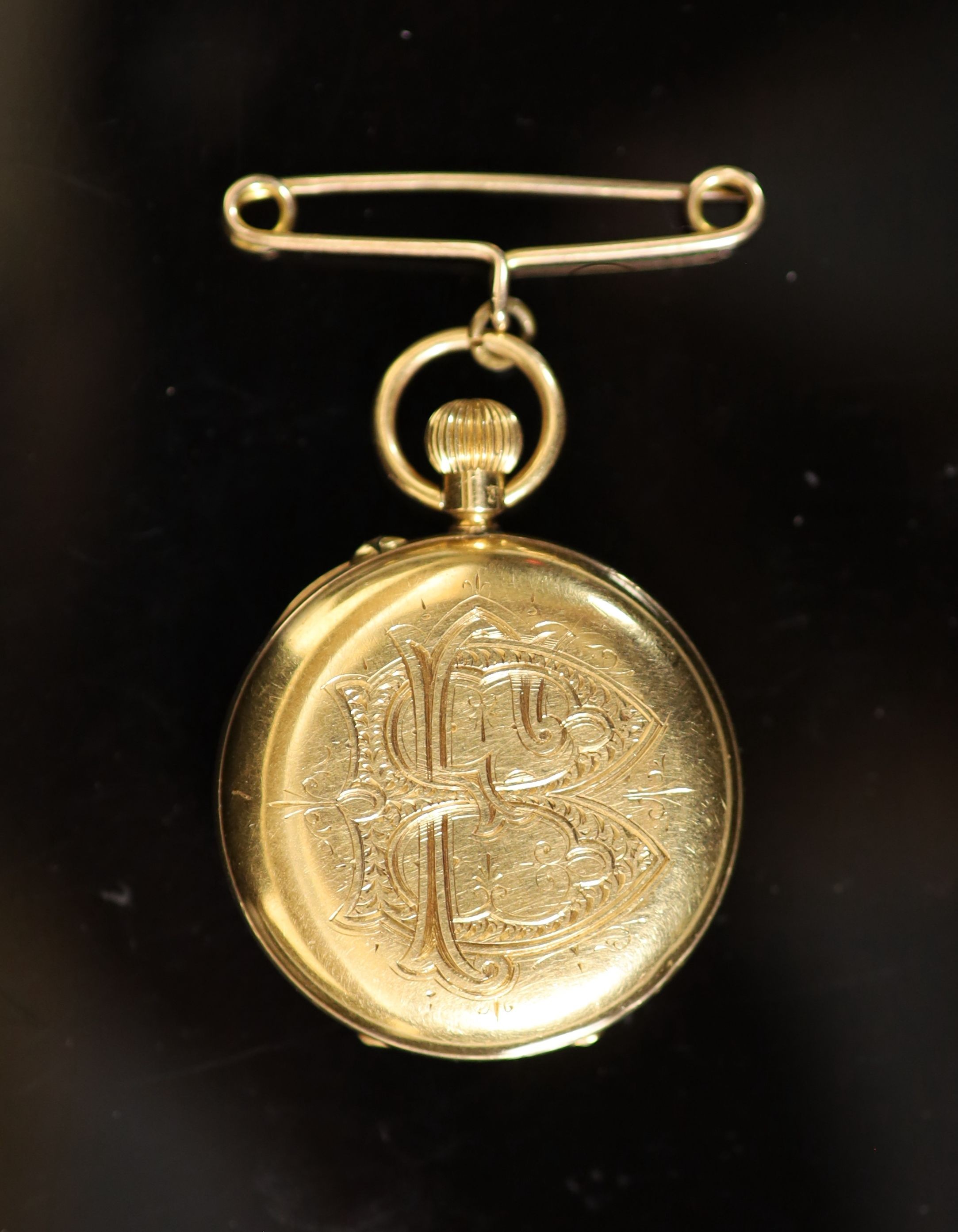 A late Victorian 18ct gold open face keyless fob watch,with yellow Roman dial and case back with - Image 2 of 2