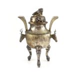 An early 20th century Chinese Export silver two handled koro and cover,with stag head handles and