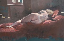 § Sherree Valentine Daines (1959-)Reclining female nudeOil on boardSigned52 x 80cm.