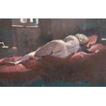 § Sherree Valentine Daines (1959-)Reclining female nudeOil on boardSigned52 x 80cm.