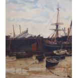 Frederick Cayley Robinson (1862-1927)Shipping in harbour at low tideOil on canvasSigned73 x 62cm.