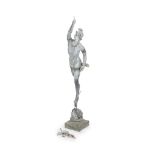 After Giambologna. A lead garden figure of Mercurystanding upon a putto head waterspout and square