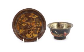 A Chinese late Ming lacquer cup and a similar dish, 17th century,the cup polychrome decorated with