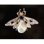 A Victorian gold, sapphire, rose diamond and freshwater pearl 'bee' brooch with ruby eyes,51mm,