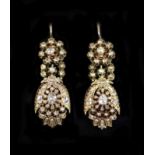 A pair of antique gold and rose cut diamond cluster set drop earrings,47mm, gross weight 17.1