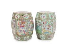 Two similar Chinese famille rose hexagonal garden seats, c.1830-50,each typically painted with