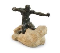 Alfredo Pina (1883-1966). A bronze figure of Héraclès kneeling upon a rocky mound,signed on the