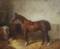 19th century English SchoolPortrait of a chestnut horse in a stableOil on canvasIndistinctly signed
