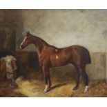 19th century English SchoolPortrait of a chestnut horse in a stableOil on canvasIndistinctly signed