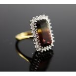 A modern 18ct gold watermelon tourmaline and diamond set rectangular cluster ring,size N/O, gross