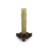 A Chinese celadon jade 'phoenix' cylindrical incense holder, 18th/19th century,16.7cm high, adapted