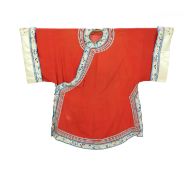 A Chinese red silk robe, late 19th century,with embroidered silk and metal thread borders,102cm