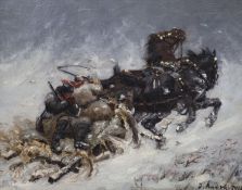 Russian SchoolHorse-drawn sleigh in winter,Oil on canvasIndistinctly signed30 x 38cm.