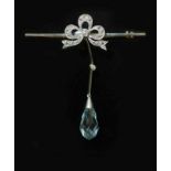 An Edwardian gold, aquamarine and rose and round cut diamond set drop bar brooch,the fancy cut pear