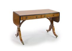 A late George III satinwood banded mahogany sofa table,with ebonised moulding to the edges, D