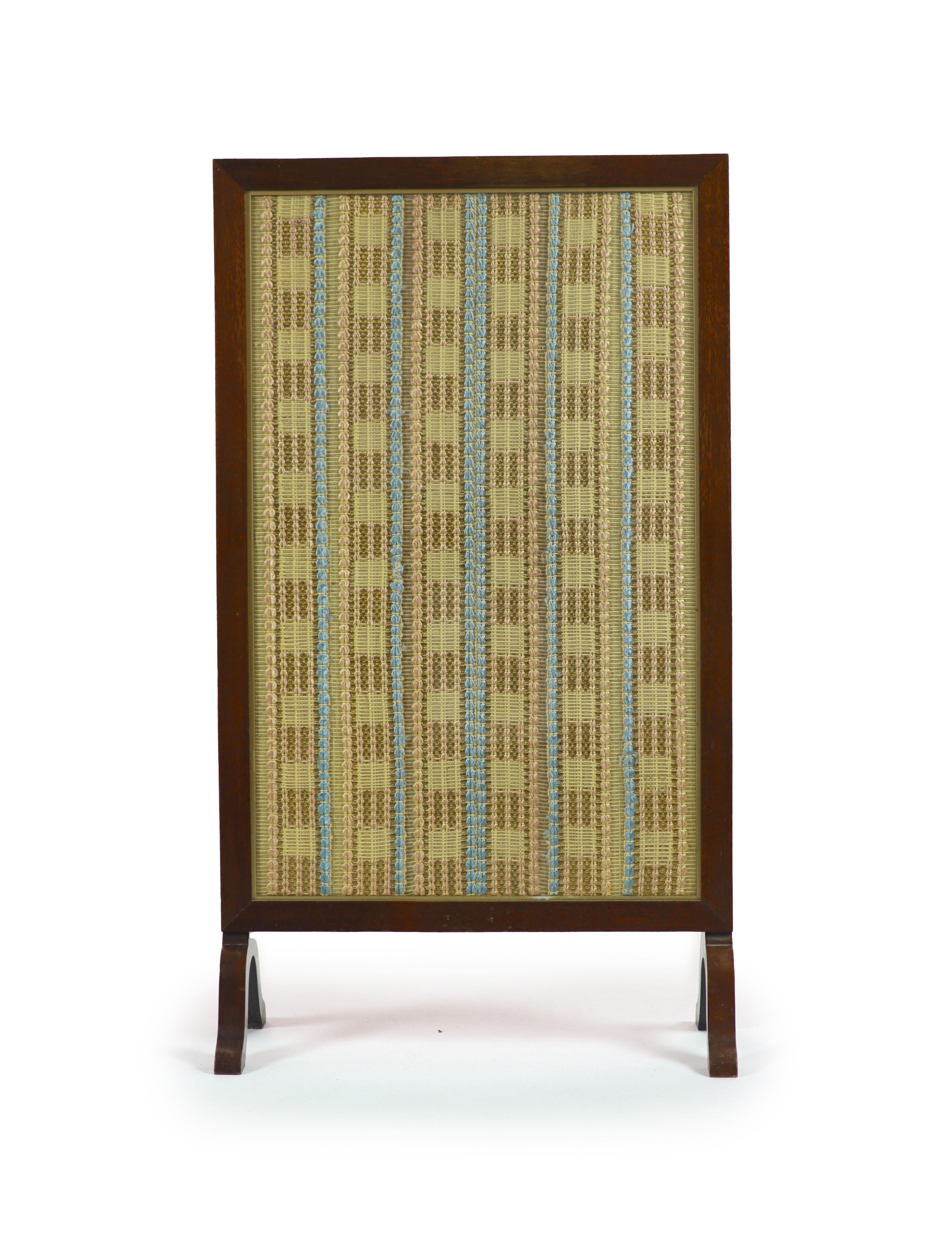 A mahogany cased and glazed embroidered fire screen of Royal interestwith applied inscribed badge