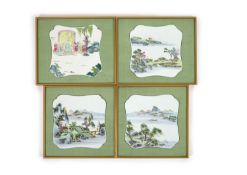 A set of three Chinese famille rose shaped square plaques and another similar plaque, 19th century,