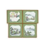 A set of three Chinese famille rose shaped square plaques and another similar plaque, 19th century,