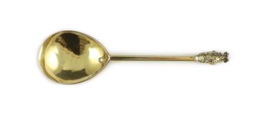 An Elizabeth I silver gilt Apostle spoon, likely St. Thomas, possibly Patrick Brue, London, 1592,