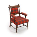 Royal Furniture - a Victorian Aesthetic movement oak open armchairwith Royal cipher stamp, show-