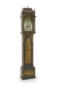 William Pridham, London. A George III green lacquered longcase clock,the 30cm arched brass dial
