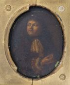 18th century English SchoolPortrait of a gentleman wearing a lace cravatOil on bronze panel16 x 12.