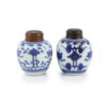 A near pair of Chinese blue and white ovoid jars, Kangxi period,each painted with ribbon tied