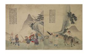 A Chinese album of ten watercolours, late 19th century,each depicting figures in landscapes with