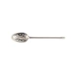 A George II silver mote spoon, c1750 by Ebenezer Coker, the bowl with shell back, 13.7cm.