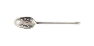 A George II silver mote spoon, c1750 by Ebenezer Coker, the bowl with shell back, 13.7cm.