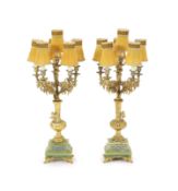 A pair of elaborate gilt metal and green onyx six-light candelabra table lamps on pedestal urn