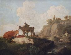 Julius Caesar Ibbetson (1759-1817)Cows resting in a landscapeOil on canvas30 x 37cm.