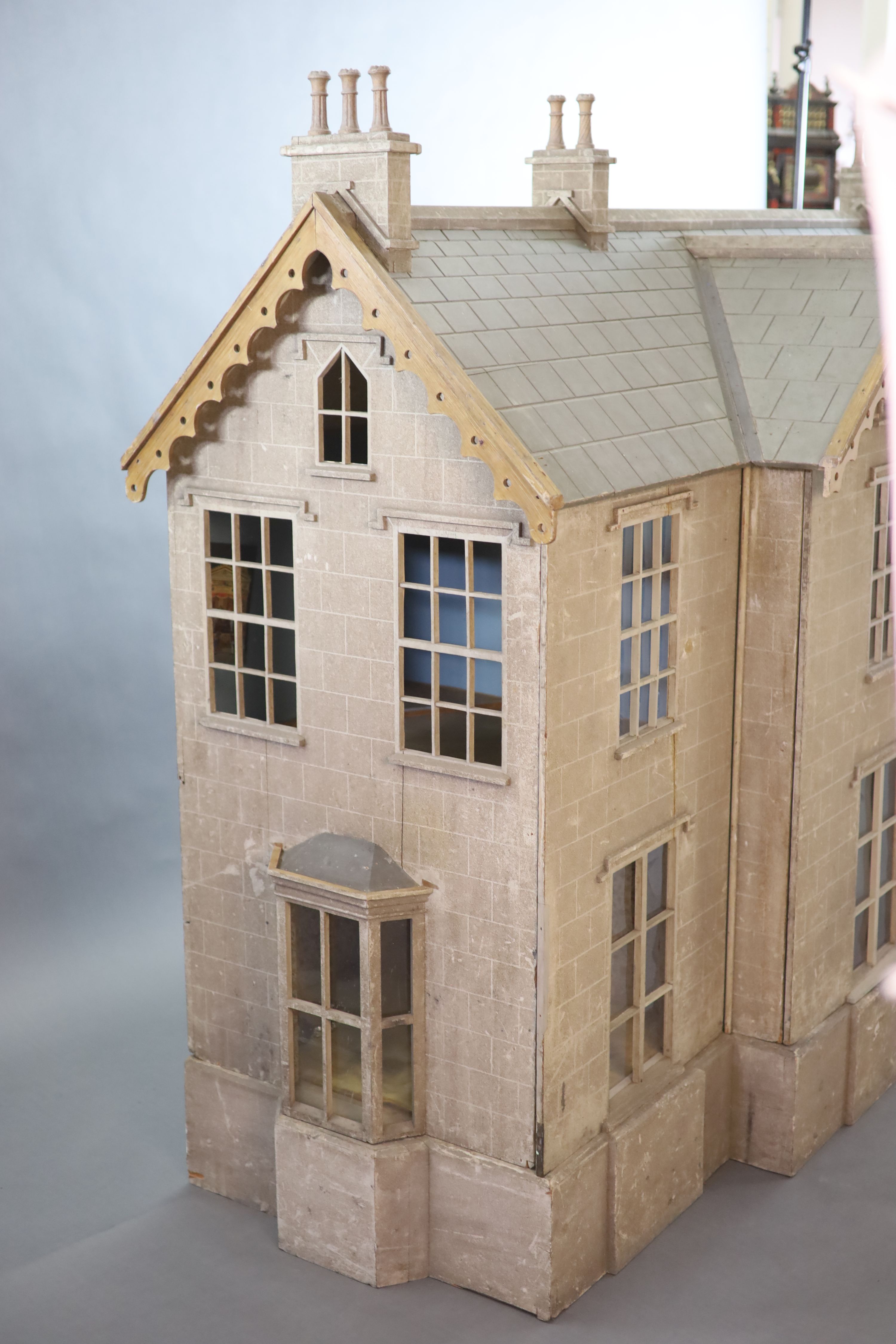 An unusually large painted pine doll's house, modelled upon a Victorian lodge house, Estate - Image 6 of 45