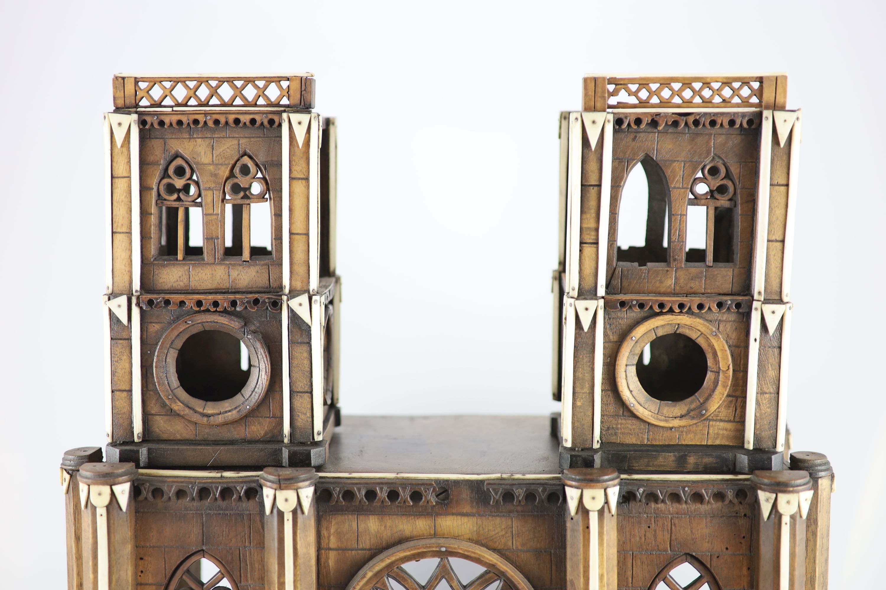 A 19th-century French walnut and ivory model of Notre Dame Cathedralwith carved and pierced windows - Image 5 of 8