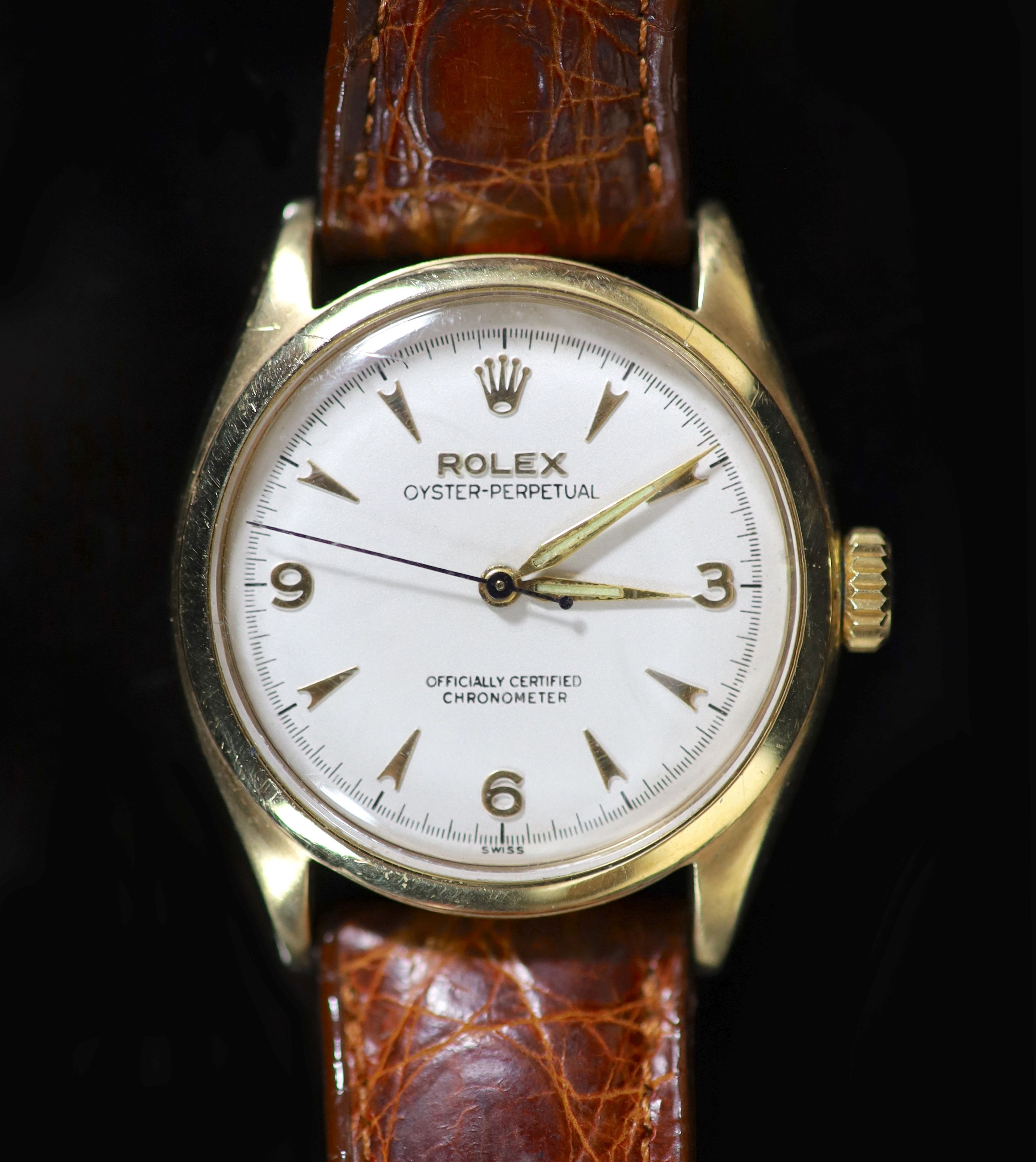 A gentleman's early 1950's 9ct gold Rolex Oyster Perpetual bubbleback wrist watch, on a leather