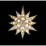 A Victorian gold, split pearl and diamond starburst pendant brooch,overall 41mm, gross weight 11.6