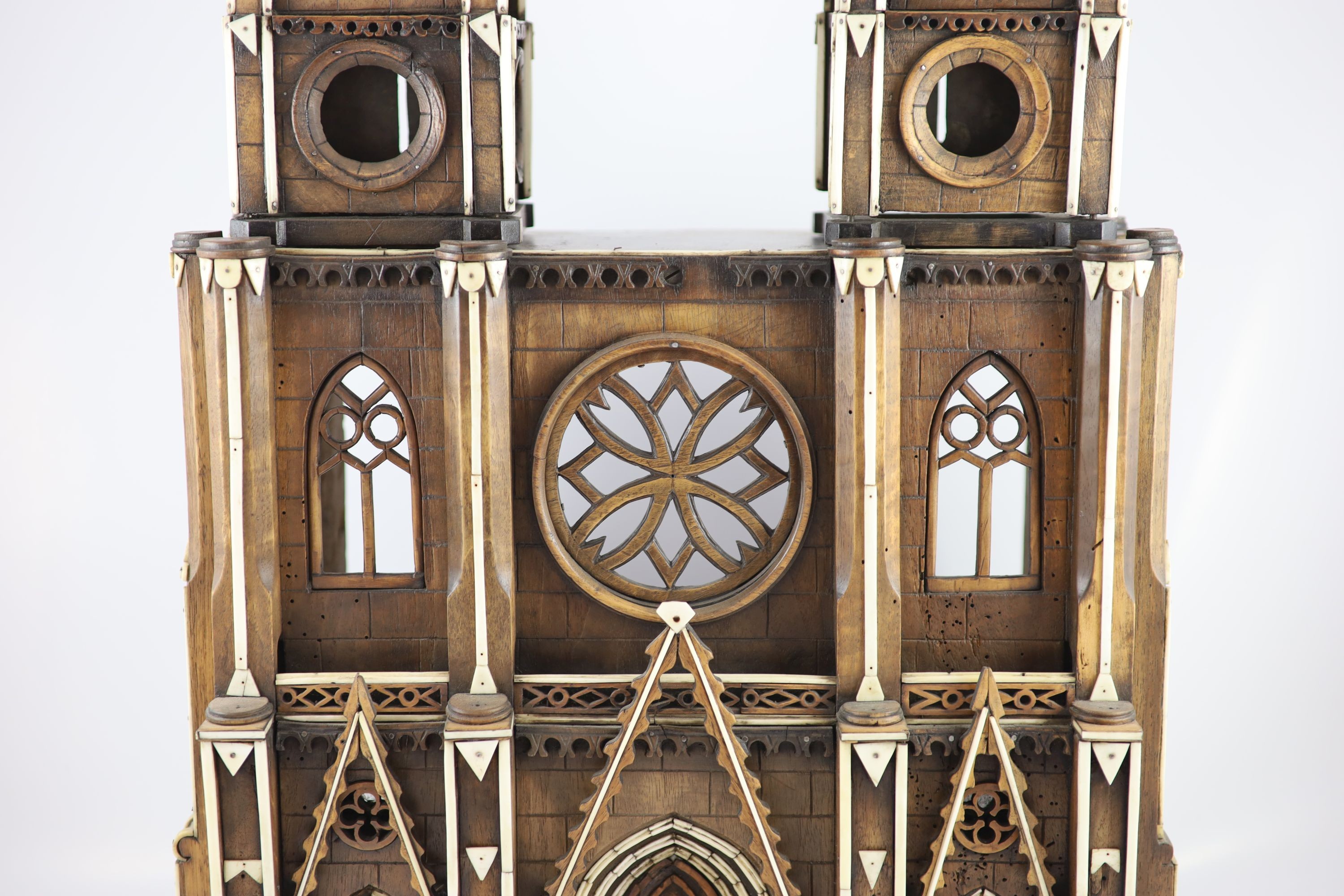 A 19th-century French walnut and ivory model of Notre Dame Cathedralwith carved and pierced windows - Image 4 of 8