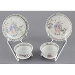 A pair of Chinese famille rose 'sages' tea bowls and saucers, Qianlong period,each painted with two