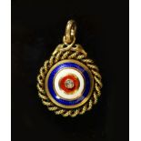 A Victorian gold, three colour enamel and rose cut diamond set circular target pendant,with rope