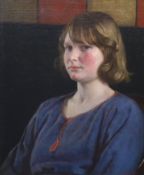 § Harold Knight (1874-1961)Portrait of a young woman in a blue dressOil on canvasSigned60 x 50cm.
