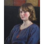 § Harold Knight (1874-1961)Portrait of a young woman in a blue dressOil on canvasSigned60 x 50cm.