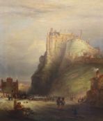 William McEwan (19th C.)Edinburgh Castle with the Royal Worcestershire Regiment marching belowOil