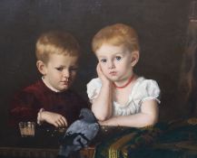 19th Century French SchoolTwo children feeding a pigeonOil on canvas58 x 72cm.