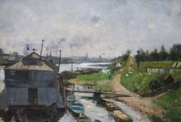 French School c.1890Houseboats on a French river, possibly Argenteuil.Oil on canvasIndistinctly